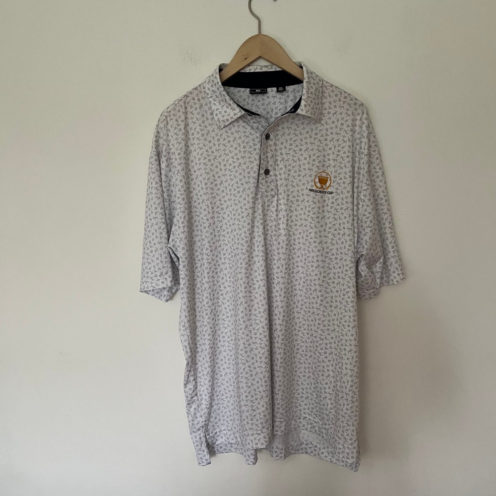 FootJoy Presidents Cup Golf Polo Shirt Mens 2XL White Grey Moose Print Short Slv